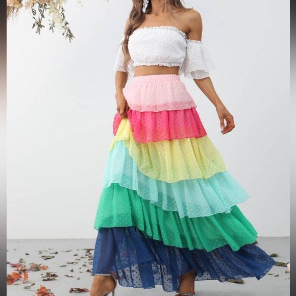 Boho Swiss Dot Off Shoulder Cropped Top Ruffle Frill Color Block Maxi Skirt Set - Picture 5 of 6